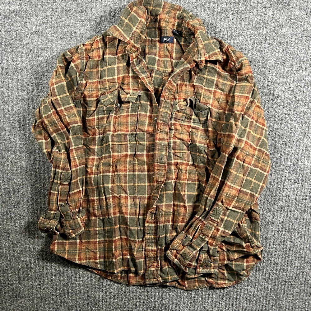 IZOD Jeans Shirt Mens Size XL Green Orange Plaid Cotton Flannel Long Sleeve